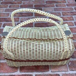 Elegant Cream and Brown Woven Tote with Curved Handles